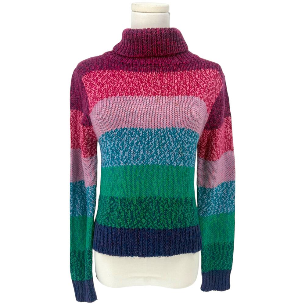 Y2K VTG Route 66 Stripe Chunky Knit Turtleneck Sweater Pink Green Multicolor